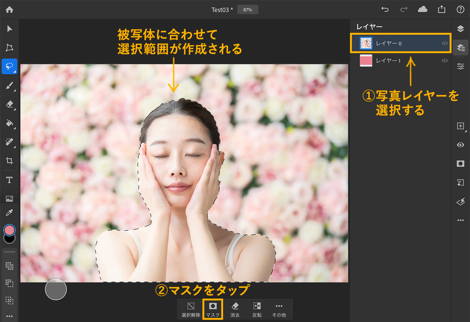 【iPad版Photoshopで写真の背景を切り抜く】選択範囲にマスクをかける