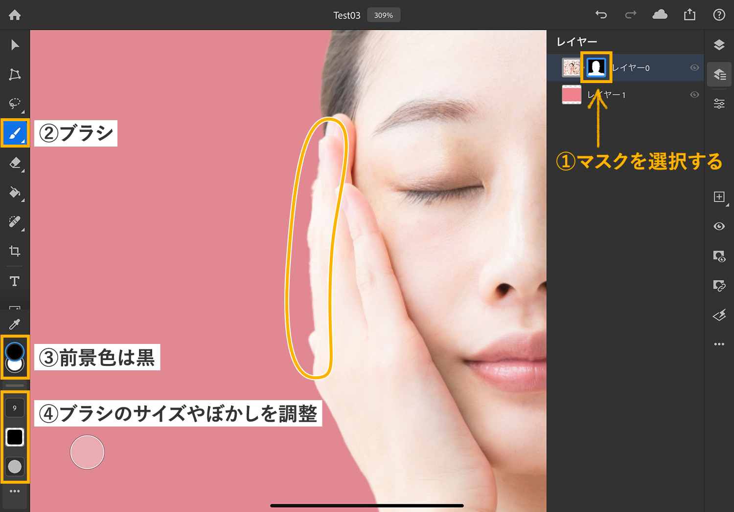 【iPad版Photoshopで写真の背景を切り抜く】マスクの境界線をブラシで調整する