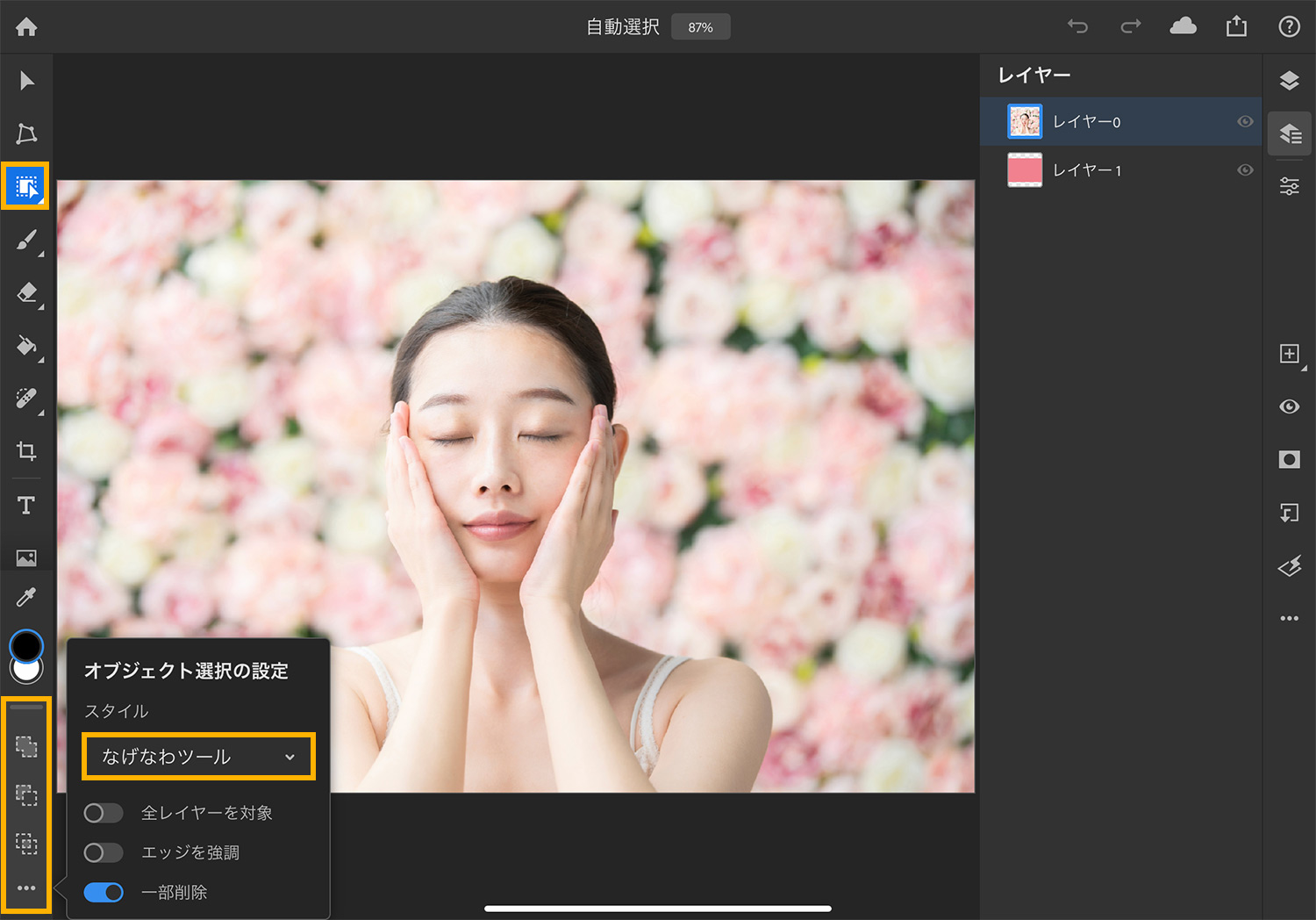 【iPad版Photoshopで写真の背景を切り抜く】「オブジェクト選択」を使用して、自動的に選択範囲を作成する