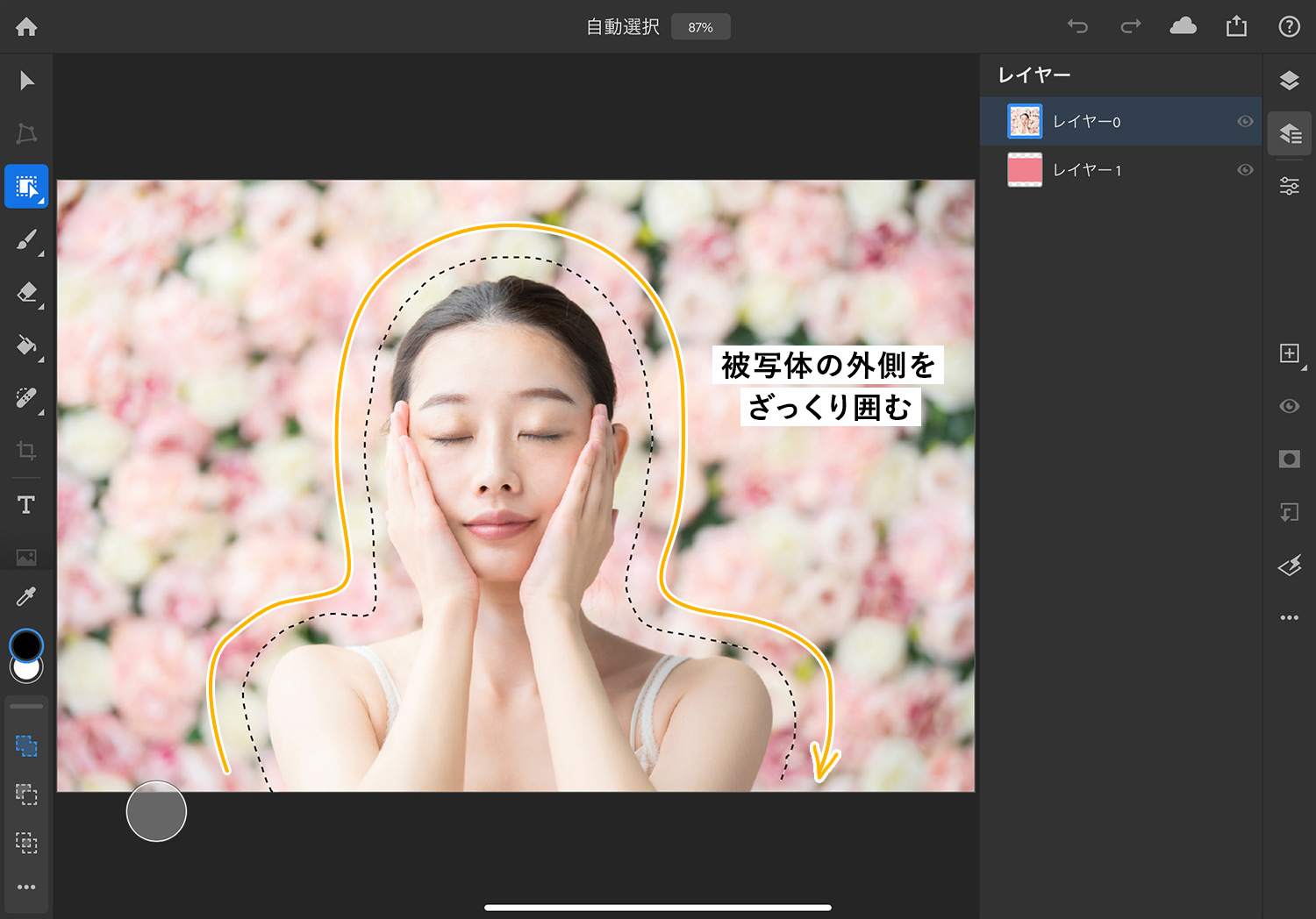 【iPad版Photoshopで写真の背景を切り抜く】「オブジェクト選択」を使用して、自動的に選択範囲を作成する