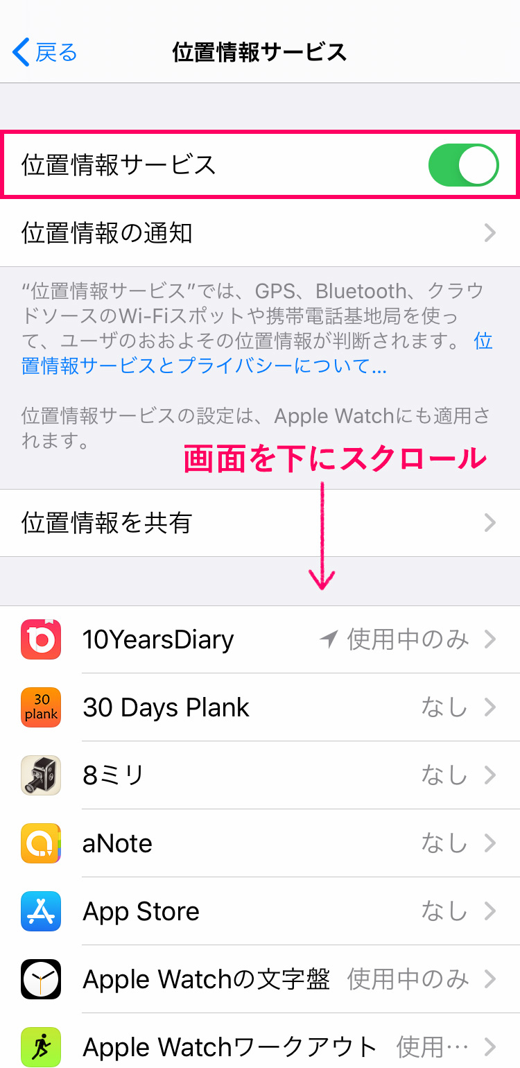 iPhoneで子供の位置情報を確認する：位置情報をオンにする