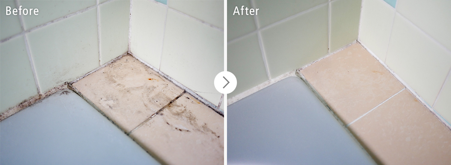 おそうじ本舗の浴室クリーンニング：浴槽とタイルの壁のカビ・汚れ ビフォーアフター（Before After）