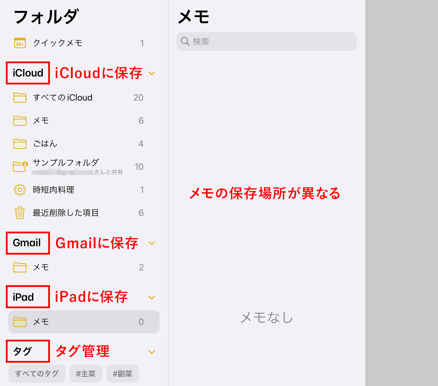 iPad純正メモアプリ：フォルダの種類