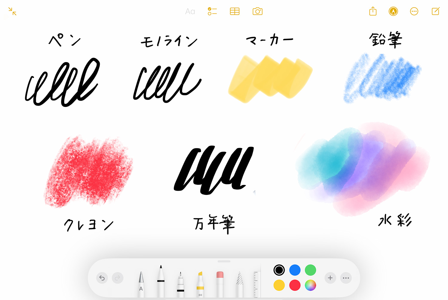 iPad純正メモアプリ：ペンツールの種類
