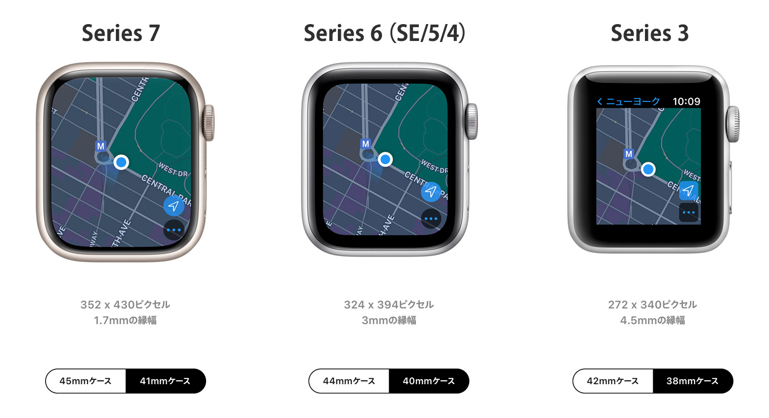 Apple Watch Series 7とSeries SE、Series 3のサイズ比較