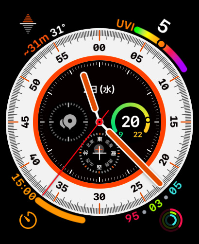 Apple Watch Ultra - ナイトモードを採用したウェイファインダー文字盤