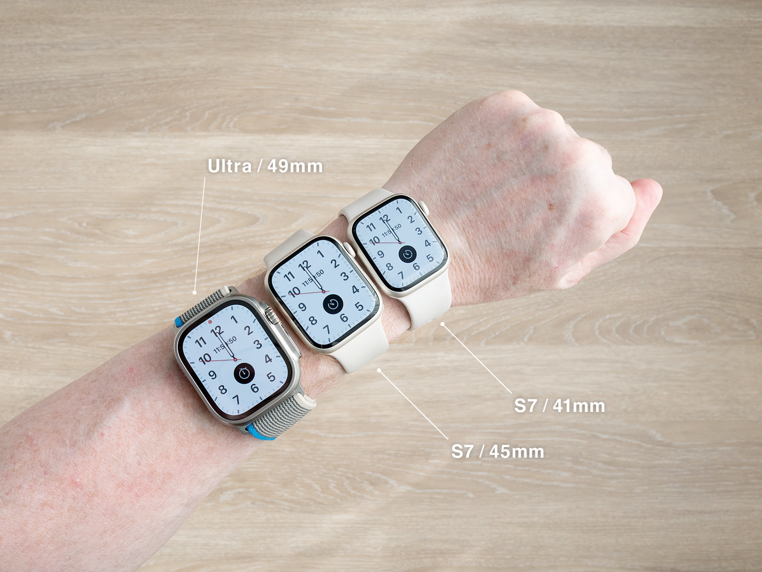 Apple Watch Ultra 49mmと41mm／45mmのサイズを比較（男性が着用）