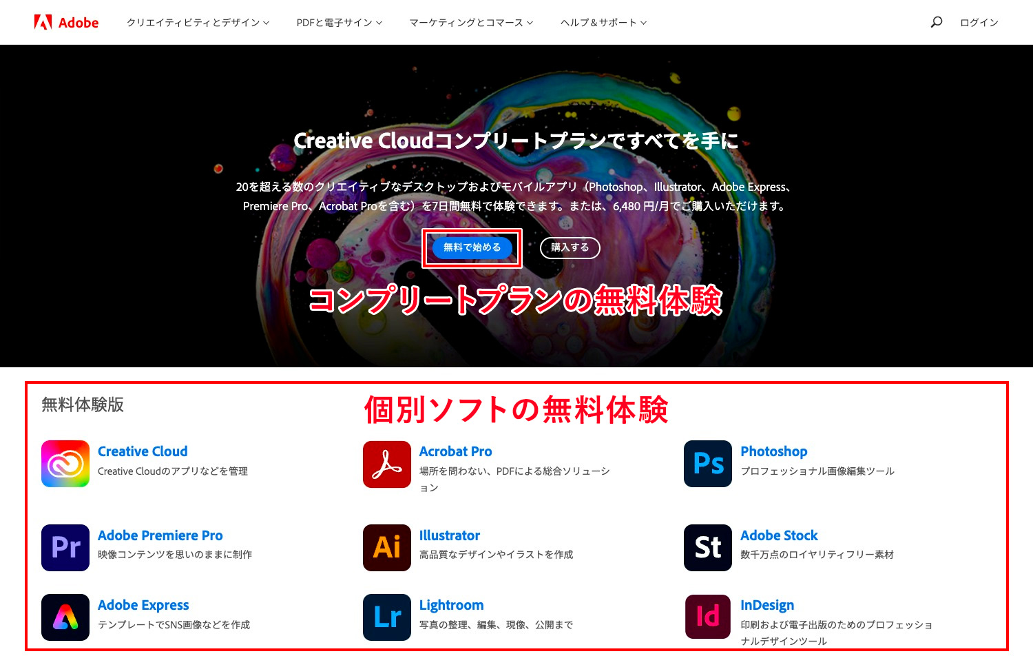 Adobe Creative Cloud無料体験版ダウンロードのページ